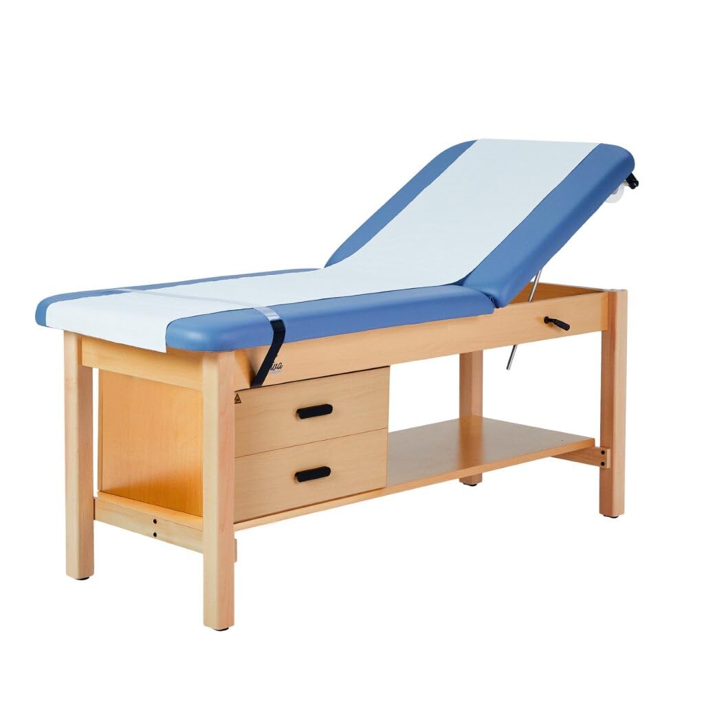 View 1 of ***JUST DRAWERS,VIEW NOTES*** Vivacomfort Aristo H-Brace Tilted Treatment Table with Shelf and Drawers, 500 lbs Weight Capacity, Blue