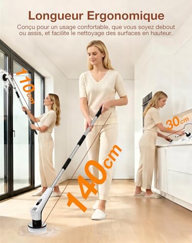 Electric Cleaning Brush with 9 Heads, 3 Adjustable Speed, Extendable Handle, with LED Light, IPX8 Waterproof, Rotating Brush for Bathroom, Kitchen, Floors and Car