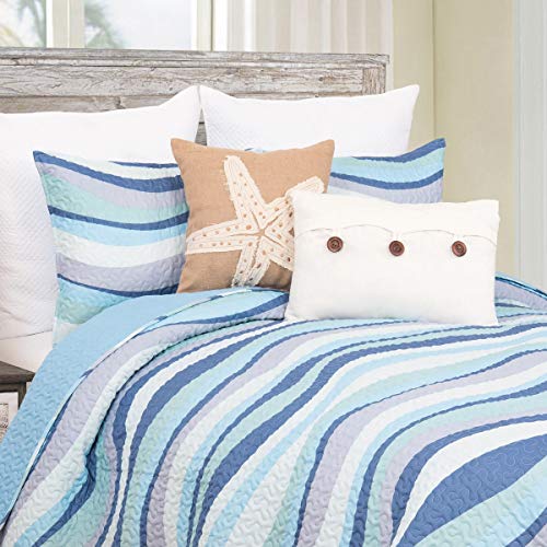 MISC 3 Piece Blue White Beach Theme Quilt Full/Queen Set Grey Teal Wave