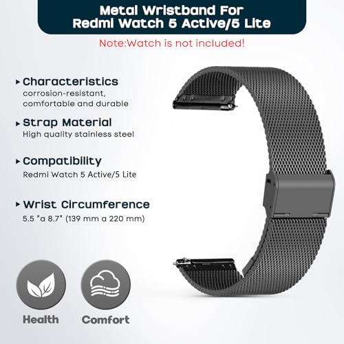 CHULN Metal Strap Compatible with Redmi Watch 5 Active/Redmi Watch 5 Lite, Adjustable Stainless Steel Bracelet, 22 mm, Black, 5.5 Inches-8.7 Inches (139 mm-220 mm), Milanese, Compression Moulding