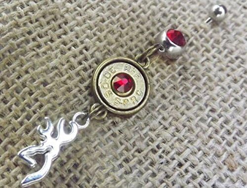 Bronze 30-06 Bullet Silver Dangle Style Belly Button Ring and Silver Deer Charm