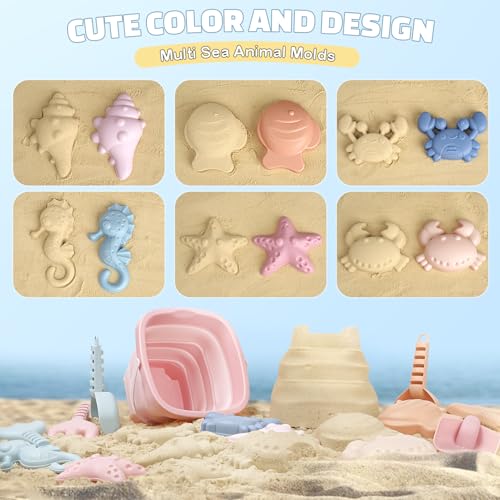 Dreamon Children's Beach Games, 18 Pieces Beach Games with Bucket Beach Children Folding Shovel Bag Net Games Beach