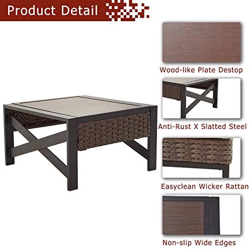 H 13 7 Festival Depot Coffee Outdoor Dining Furniture Bistro Side Patio Table Square Wicker Rattan Wood Grain Desktop With Side U Shaped Slatted Steel Leg Lawn Garden All Weather 23 6 23 6 L W Coffee Tables
