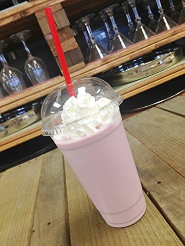 Clear Plastic Cup 32 oz, PACK of 50 with Dome Lid w/ Hole, Includes Red Smoothie Straws Wrapped by Fineline Super Sips