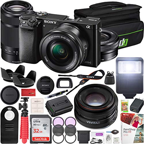 Sony Alpha a6000 Mirrorless Camera with 16-50mm and 55-210mm Power Zoom Lenses Bundle with 50MM F2.0 Sony SLR Lens, 32GB Memory Card, Camera Bag and Accessories (7 Items)