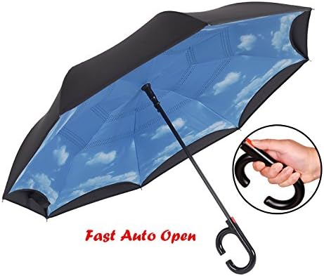 Sopout Creative Automatic Cars Reverse Umbrella Double Layer UV Proof and Windproof Inverted Umbrella Straight Waterproof Outdoor Travel Umbrella (Black - Sky Blue)