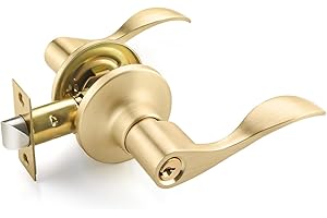 EHOMEWARE 1 Pack Entry Door Handles Gold Door Knobs with Keys, Keyed Alike Entrance Door Levers for Living Room or Bedroom, Locked Inside Keyed Outside, Modern Door Lock