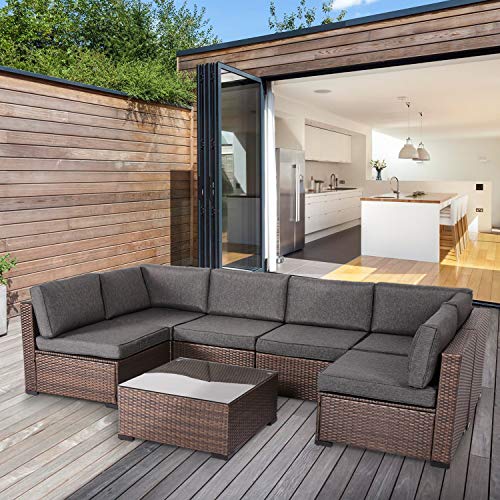Peach Tree 7 PCs Outdoor Furniture Wicker Sectional Sofa with 2 Pillows and Tea Table Patio Rattan Conversation Chair Sofa Sets