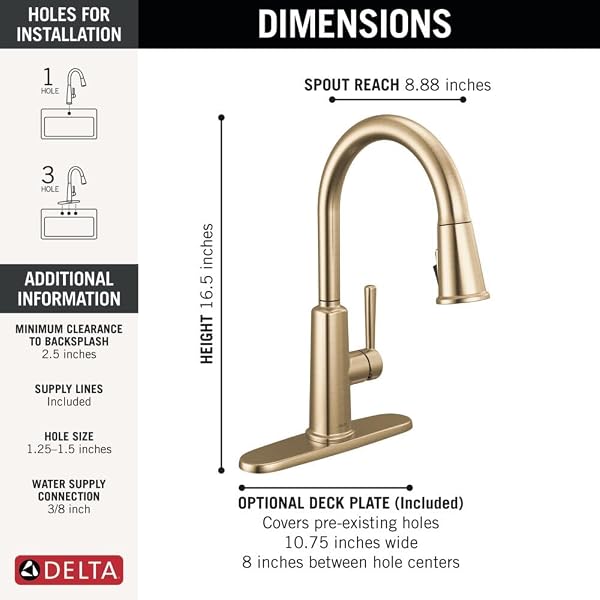 DELTA FINNRIDGE BRUSHED GOLD KITCHEN FAUCET WITH PULL DOWN SPRAYER, HIGH PRESSURE PROCLEAN SPRAY MODERN SINGLE HOLE KITCHEN SINK FAUCET, CHAMPAGNE BRONZE 19730LF-CZ