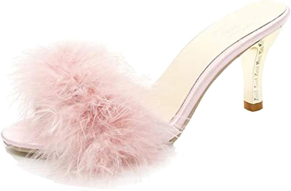 FreLO Women's Slippers Kitten Heels Fuzzy Slippers Slide Sandal