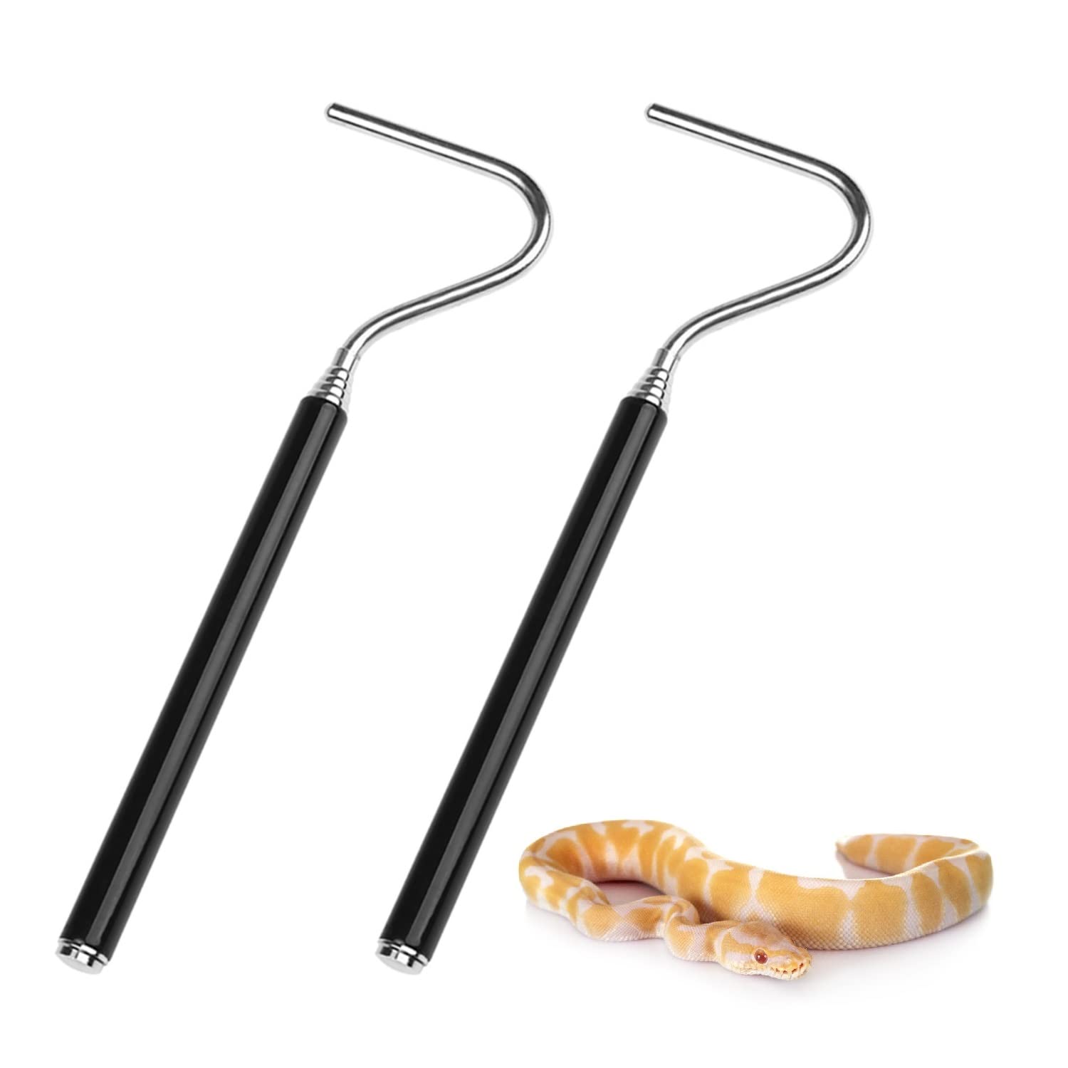 Lezevn 2Pcs Extensible Stainless Steel Snake Hook Retractable Reptile Hook Catcher Controlling Moving Hook Stick for Catching Handling Small Snake