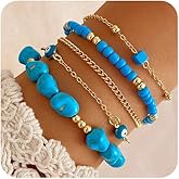 CIWEAI Gold Turquoise Beaded Western Jewelry for Women Fashion Stackable Irregular Turquoise Bead Bracelets Elastic Stack Evil Eyes Bracelet Boho Accessories