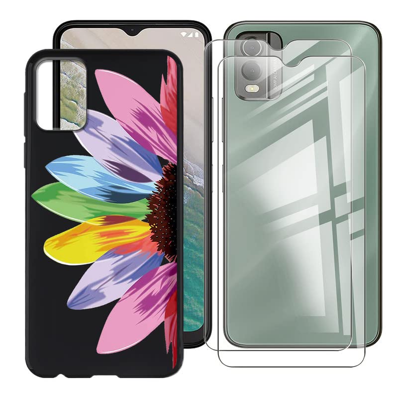BUNAL for Nokia C32 (6.50") Phone Case + (2 Pack) Screen Protector, Black Silicone Case, Shockproof Slim Non-Slip Protective Case-Colorful Sunflowers