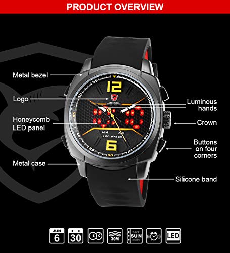 SHARK Hombre Deportivos Cuarzo Relojes de Pulseras Silicona LED Fecha día Mostrar Alarma Manos Luminosas SH489 - Imagen 4