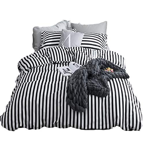 CLOTHKNOW Stripe Full/Queen Duvet Cover Sets White and Black Ticking Bedding Sets for Boys Girls 100 Cotton 3 Pieces Reversible - 1 Duvet Cover with Zipper Closure 2 Envelope Pillowcases Standard