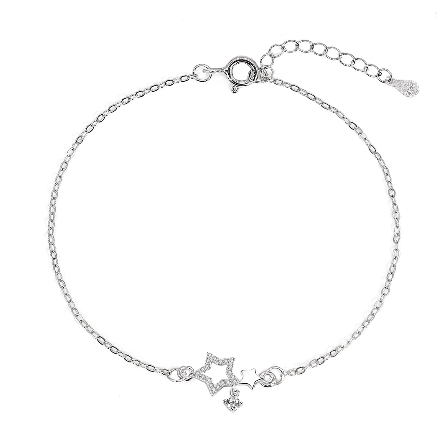 通用 Star Silver Bracelet for Women Girls, Sterling Silver Star Bracelet with Cubic Zirconia Charm Adjustable Bracelets, Silver Jewellery Birthday for Women Girls Men sliver