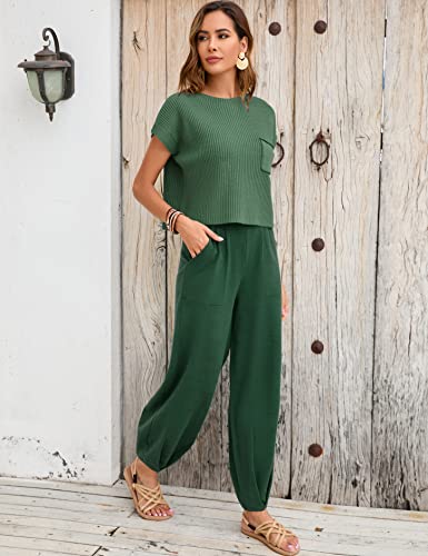 UGERLOV WOMEN’S TWO PIECE OUTFITS SWEATER SETS KNIT PULLOVER TOPS AND HIGH WAISTED PANTS LOUNGE SETS, DARK GREEN, M