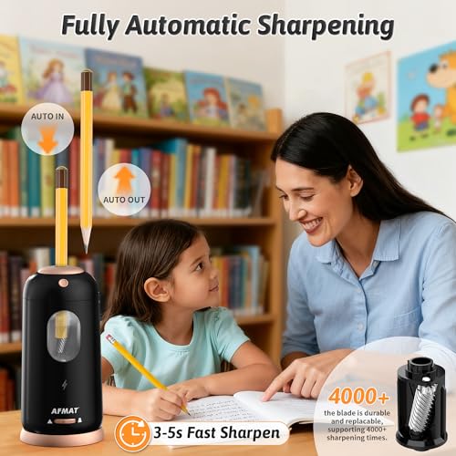 AFMAT PSC8 Electric Pencil Sharpener, Auto in & Out, Fully Automatic Pencil Sharpener, Rechargeable Hands-Free Sharpeners for Jumbo & Colored Pencils (7-11.5mm), Good for Classroom/Home/Office, Black