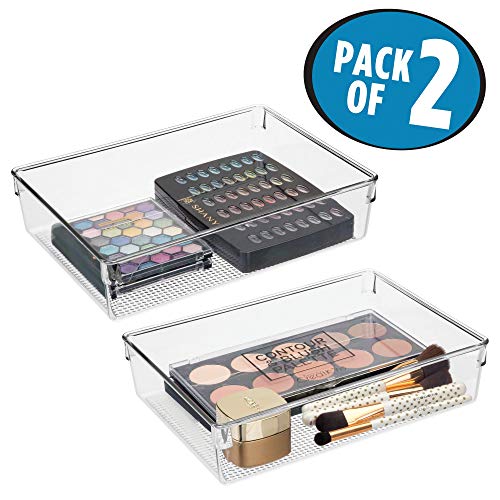 mDesign Plastic Makeup Drawer Organizer for Bathroom Vanities, Countertops - Storage Bin for Makeup Brushes, Eyeshadow Palettes, Lipstick, Lip Gloss, Blush, Concealers - 12" x 9" x 3" - 2 Pack - Clear