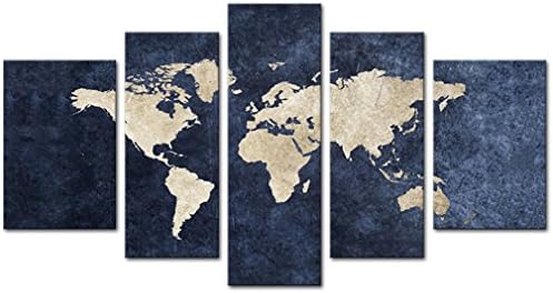 Canvas Painting Abstract World Map Picture Printed on Canvas Giclee Artwork Stretched and Framed Wall Art For Living Room Home Decor Ready to Hang (Navy Small)