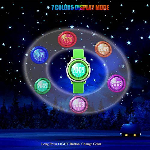 Kids Girls Boys Watches Timer with Alarm Stopwatch 7 colorful luminous Date Day (for Age 4-12, Green) - Thumbnail 3