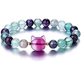Jovivi Crystal Cat Bracelet for Women Men,8mm Natural Stone Beaded Bracelet Protection Healing Crystals Gemstones Stretch Bracelet Cat Jewelry Gifts for Good Luck,Money Attraction