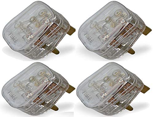 Transparent UK Fused 13 Amp Mains 3 Pin Household Plugs. Complete with Card Showing Wiring Diagram - Pack of 4