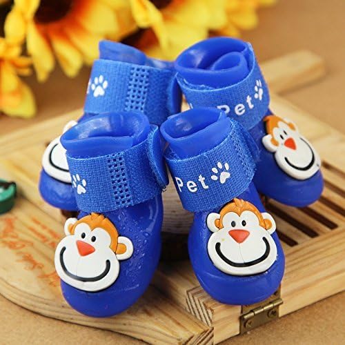Zondam Pet Dog Puppy Rain Snow Boots Shoes Waterprrof Rubber Paws Cover, SET-4pcs, Blue with moneky L