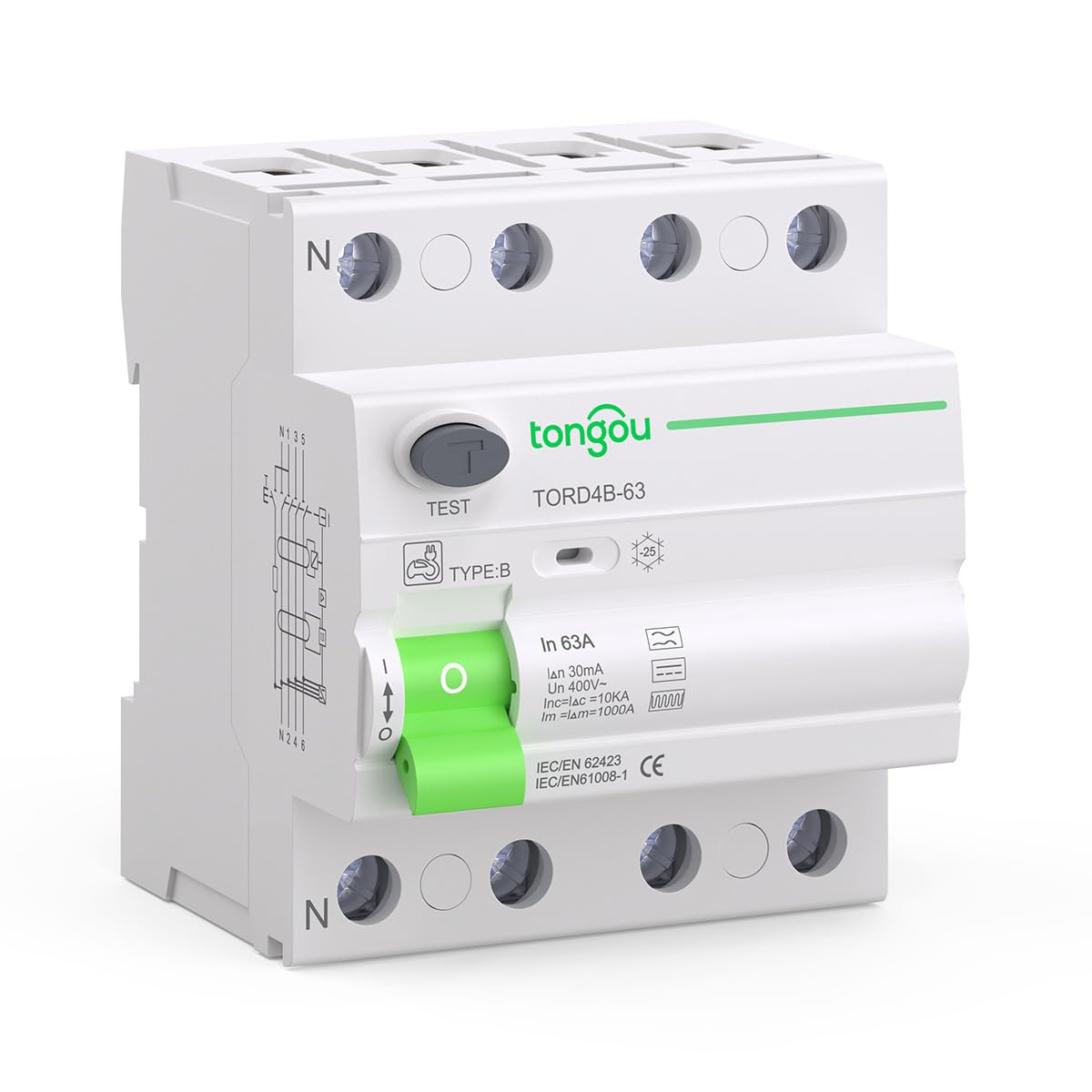 TONGOU Type B RCD Circuit Breaker - 63A 30mA 3P+N 400V 10kA RCD RCCB, A High-Performance Leakage Protection Device Designed for Inverters, EV Charging Stations, and Solar Power Systems
