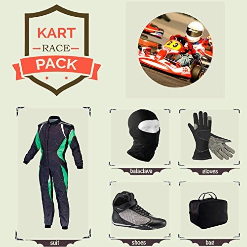 Go Kart Race Suit CIK/FIA Level 2 (Includes Suit,Gloves,Balaclava & Shoes) Free Bag - Black and Green (2XL)