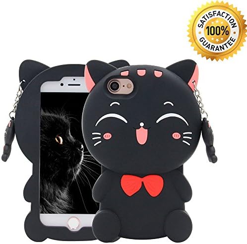 iPhone 7 Case, iPhone 8 Case, Cute 3D Cartoon Silicone Black Lucky Fortune Kitty Cat Kids Girls Animals Soft Shockproof Protector Shell Skin For Apple iPhone 7/8 4.7'' - Black Bow Tie Cat