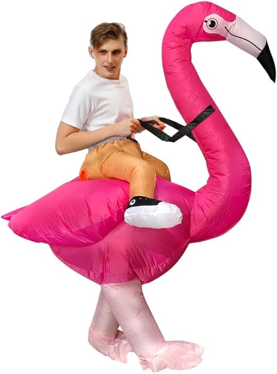 REWIAR Inflatable Flamingo Costume Riding T-Rex Air Blowing up Funny Fancy Dress Party Halloween Costume (Pink)