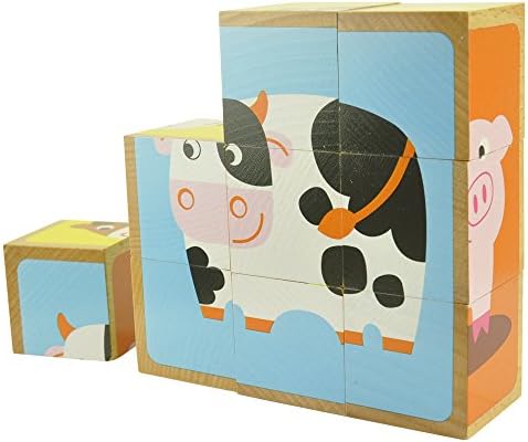 Wooden Cube Puzzles - Farm Animals [6 Puzzles in 1] - 100% Safe - Suitable for Toddlers Age 2+. Educational Block Puzzle Helps Develop Mental Skill, Logical Thinking, Problem Solving and More. - 9 Pcs