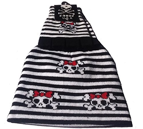 Black and White Striped Skull N Crossbones Red Ribbon Beanie/gloves Set