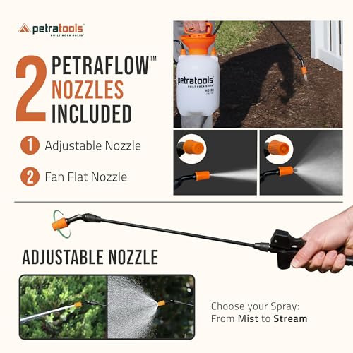 PetraTools HD101 Garden Pump Sprayer, 52-in Long Hose & 2 Nozzles, 1 Gallon | Weed Sprayer 1 Gallon w/ Easy Carry Handle & Built-In Filters - For Watering, Fertilizing, Rock Glue, Mulch Glue Applications