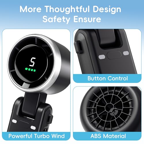 Morelax Portable Hand Fan Turbo Cooling 10 m/s, 5 Speed with LED Display, 4000 mAh, Folding Fan for Desk/Neck/Pocket for Travel, Makeup, Outdoor, Black