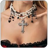 Gothic Blood Cross Necklaces,Vintage Blood Drop Pearl Tassel Choker Goth Layered Pearl Beaded Vampire Necklace Punk-Style Dark Red Black Crystal Necklace Chunky Cross Necklace Halloween Costume Jewelry