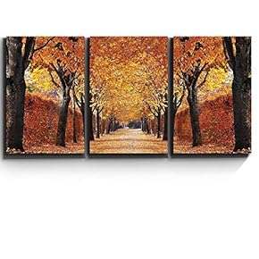 3 Piece Canvas Print - Contemporary Art, Modern Wall Art - Yellow leaved Trees line Autumn Lane - Giclee Artwork - Gallery Wrapped Wood Stretcher Bars - Ready to Hang 16"x24"x3 Panels