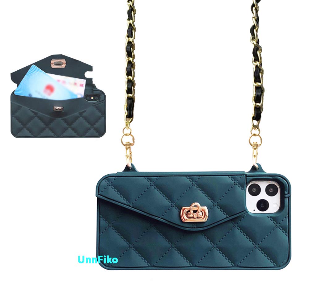 Photo 1 of UnnFiko Wallet Case Compatible with iPhone 11, Cute Light Luxury Bag Design, Purse Flip Card Pouch Cover Soft Silicone Case with Handstrap Long Shoulder Strap (Dark Green, iPhone 11)