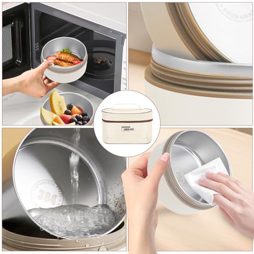 Caja Térmica de Acero Inoxidable 304 con Tapa, multifunción, portátil, redondo, con bolsa térmica, color beige, para el Trabajo, la Escuela, Comedor Al Aire Libre 4 unidades