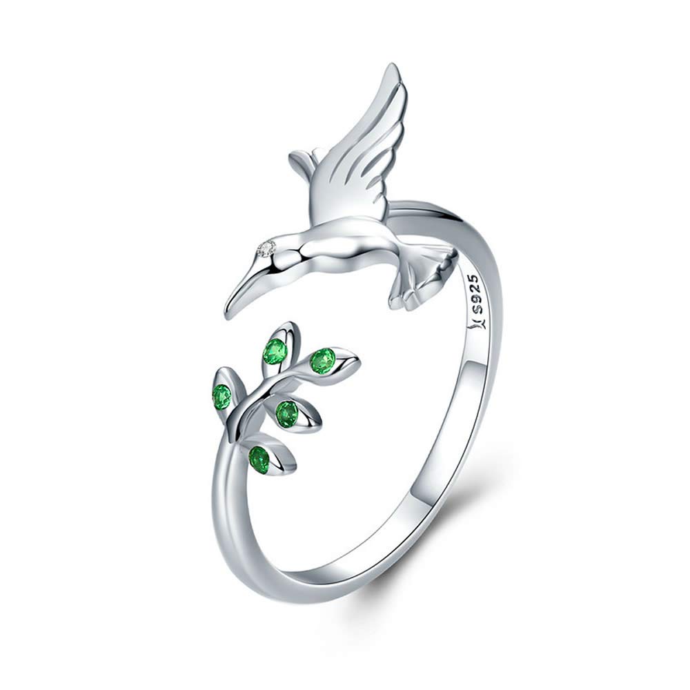 Humming Bird Authentic 925 Sterling Silver Bird & Spring Tree Leaves Open Size Finger Rings for Women Sterling Silver Jewellery