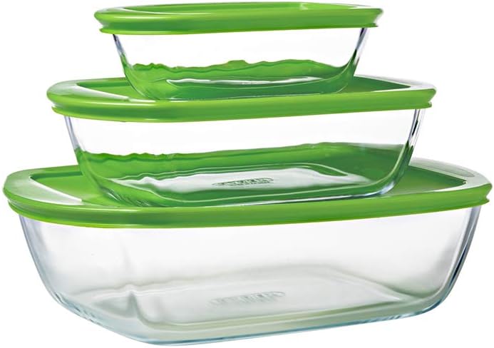 Pyrex Cook&Store Set of 3 Rectangular Glass Food Storage Dishes with Lids (0.4L, 1.1L & 2.5L) - BPA Free, white green