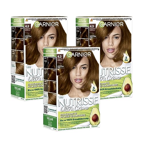 Garnier Nutrisse Permanent Care Hair Colour with Nourishing Fruit Oils, Colouration with 8 Weeks Hold, Ultra Cream Tint, 43 Cappuccino Golden Brown
