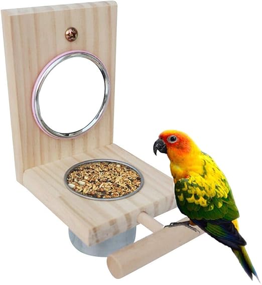 Bird Feeder Parrot Perches Toys Mirror Stand Stainless Steel Food Bowl