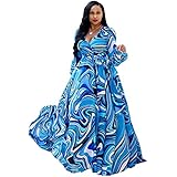 Nuofengkudu Womens Sheer Summer Boho V-Neck Printed Floral Maxi Dress Long Sleeves Dresses Slim Waisted Plus (Blue)