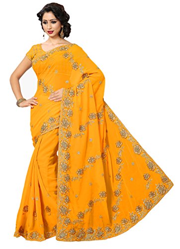 Orangish yellow women s wedding sequin embroidered sare…