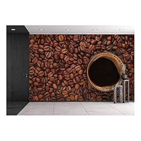 Cup of Coffee on Beans, Background - Removable Wall Mural | Self-Adhesive Large Wallpaper - 66x96 inches