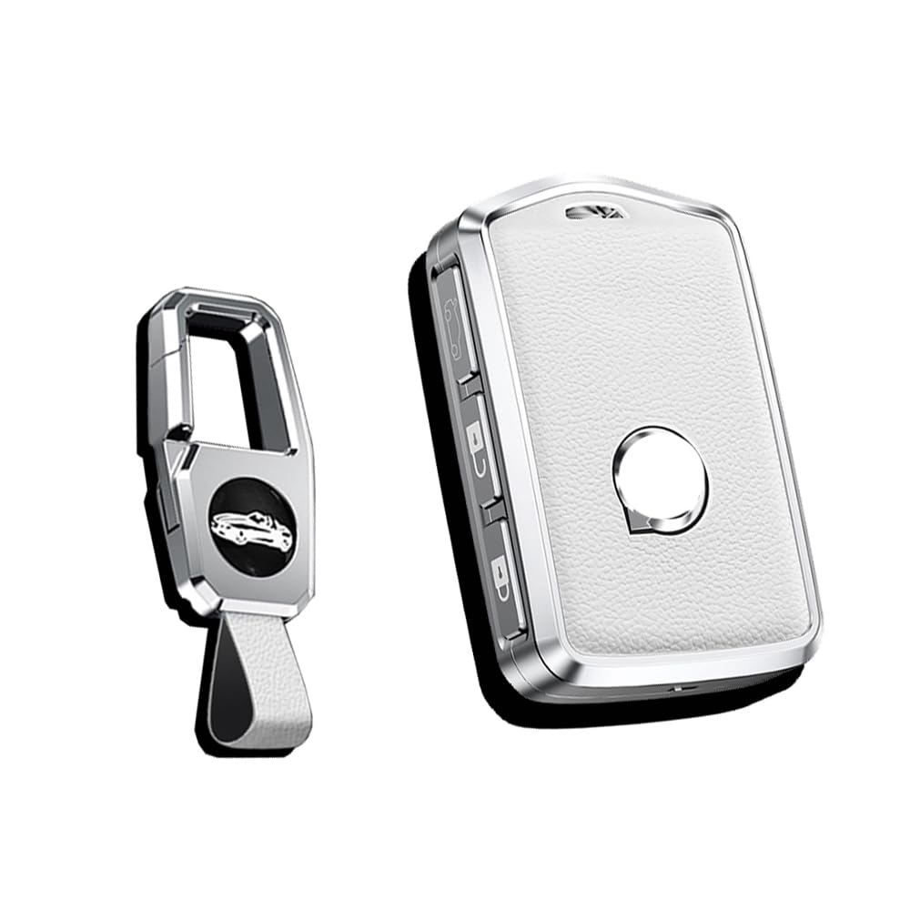 HIBEYO Key Case Fits for Volvo Smart Car Key Case Protective Cover Compatible with Volvo XC60 XC70 XC90 C30 S60 S80 S90 V60 V70 V90 key rings Key Box Leather Key Fob Accessories Side Buttons-White