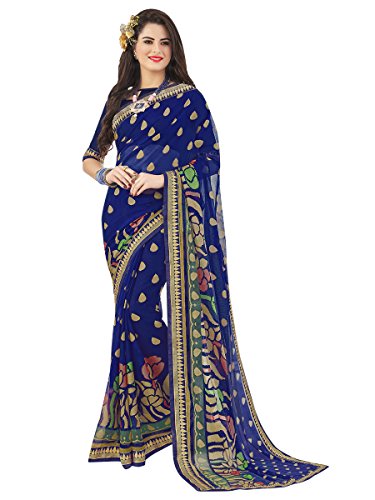 ELINA FASHION Saree For Women Blue Chiffon Brasso Work Sarees