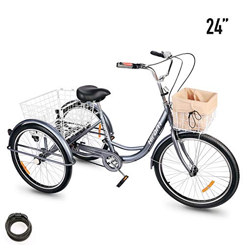 HIRAM Adult Tricycle, 24″/26″ Wheels Trike with Low Step-Through Steel Frame, Front and Rear Fenders, Single Speed, Large Cruiser Seat, Water-Proof Bag and Rear Basket
